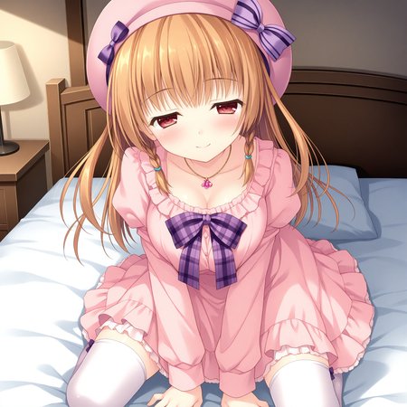 <lora:Asamiya_Shiina_1_nai-000027:1>,Asamiya Shiina,
pink beret,hat bow,twin braids,pink dress,frilled dress,white thighhighs,necklace,jewelry,long sleeves,purple bowtie,plaid bow,plaid bowtie,
BREAK
1girl,solo,smile,on bed,kneeling,arm support,blush,half-closed eyes,front view,looking_at_viewer,face_focus,