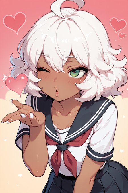 masterpiece, best quality, amazing quality, 1girl, solo, ahoge,school uniform,blowing kiss,collarbone,dark skin,fluffy hair,green eyes,heart,kiss day,leotard,one eye closed,open mouth,white hair,white nails, pleated skirt
