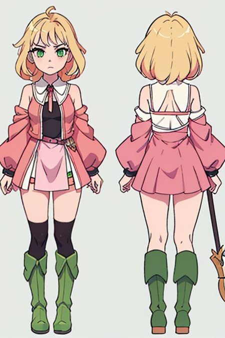 anime girl, blonde, long braid hair, serious face, goth, short pink dress, green boots, wristbrand, hunter, medieval fantasy, thighs, green eyes.  black mini shorts, short slleve. simples background, model sheet, chara-sheet