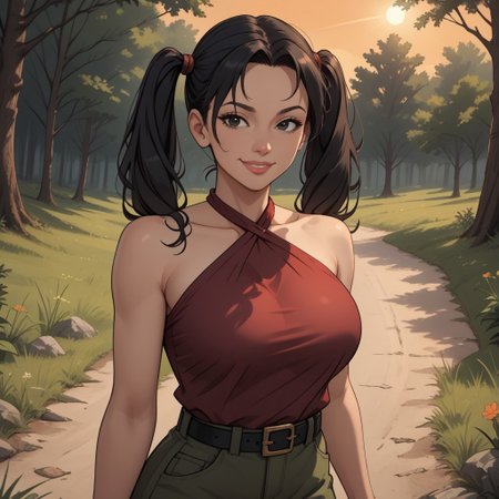 score_9, score_8, BREAK, solo, black hair, twintails, black eyes, long hair, lips, burgundy red shirt, halterneck, green short, black belt, burgundy red sandals, Heather_(Total_DramaRama), cute, tall, adult female, mature female, big breasts, sexy pose, self portrait, smile, looking at viewer, outdoors, sunlight, shadows, evening lighting, natural lighting, forest, trees, grass, orange sky, sunset