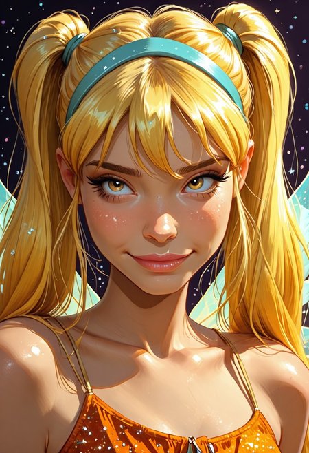 Portrait shot, close up, Expressiveh,
score_9, score_8_up, score_7_up, realistic, 
solo, 1girl, st3lla, blonde hair, hairband, wings, glitter, orange shorts, croptop, twintails,
masterpiece, best quality, absurdres, shy smile, action pose,