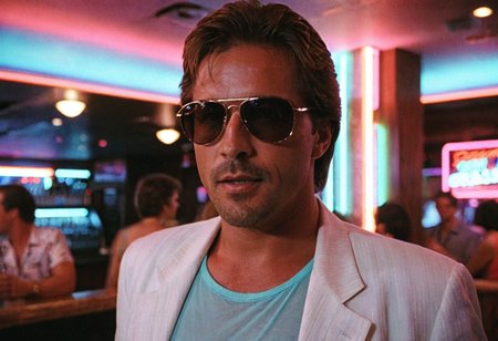 MiamiVice, Sonny Crockett, man, shades, closeup, bar, neon lights, indoors, highly detailed, 4K, ((stylish grainy analog 35mm photo))