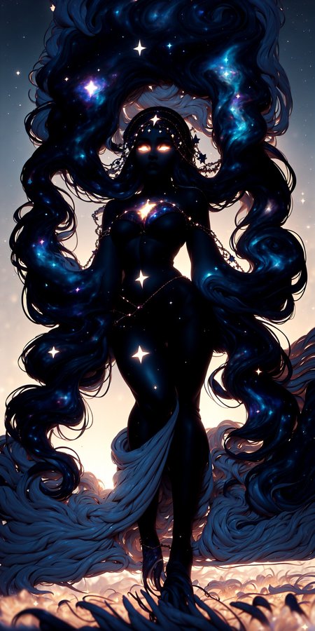 (masterpiece), best quality, expressive eyes, perfect face,
large view, epic scenery, soft colors, soft light, volumetric light, from below, front view, blue hour, (((perspective))),
silhouette of an elegant tall woman, very long hair, greek bra top, long black skirt, large headdress, walking on white sand, sunset, dark celestialskin body, silhouette, jet black skin, flat color, colored skin, void cosmic body, stars, starry sky, halocro, , <lora:a30e1052-b297-41a5-94eb-7d4f346273ed:1.0>, <lora:CelestialSkin:1.0>