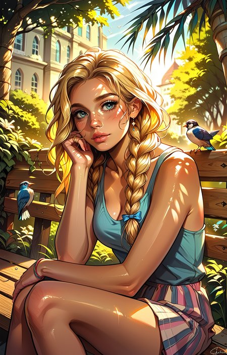 score_9, score_8_up, score_7_up, score_6_up, ),  1mg1mg , masterpiece,best quality, highly detailed, masterpiece,best quality, highly detailed, source_cartoon, uncensored, rating_explicit, casual, shiny skin, shiny highlights, sound effects, emphasis lines, Urban Casual Palette,
vinyl skirt, ((Sitting on a bench)), birds, flags,
cute adult woman, long blonde hair, Top knot with braids wrapped around the base, bright blue eyes with a gentle sparkle, smooth fair skin, soft pink lips, delicate and refined facial features, wearing a casual yet stylish outfit, cheerful and warm expression, soft natural lighting, approachable and friendly vibe, youthful yet mature appearance,
highly detailed, intricate details in hair and makeup, masterpiece, best quality, ultra highres, original, extremely detailed, perfect lighting
<lora:incase---1:0.5> <lora:S1_Dramatic_Lighting_v2:0.5> s1_dram  <lora:1mg1mgXLP:0.6>   <lora:GarvGirlsPony:0.7>