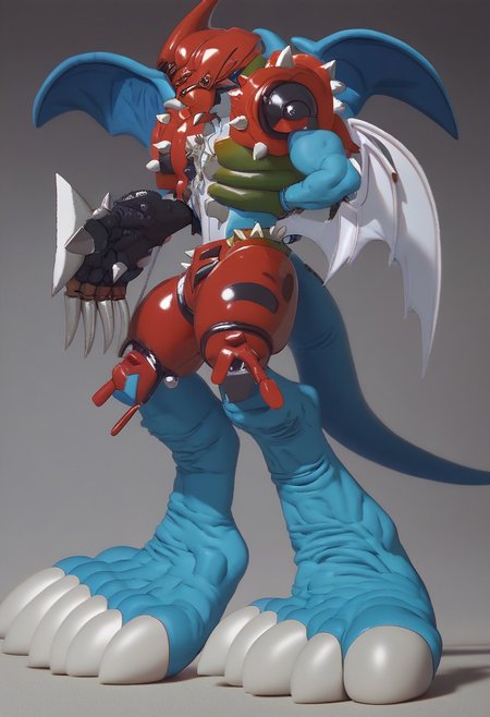 score_9, score_8_up, score_7_up, Paildramon, digimon (creature), 5 claws, spikes, wings, tail, weapons, red helmet,  black gauntlets,