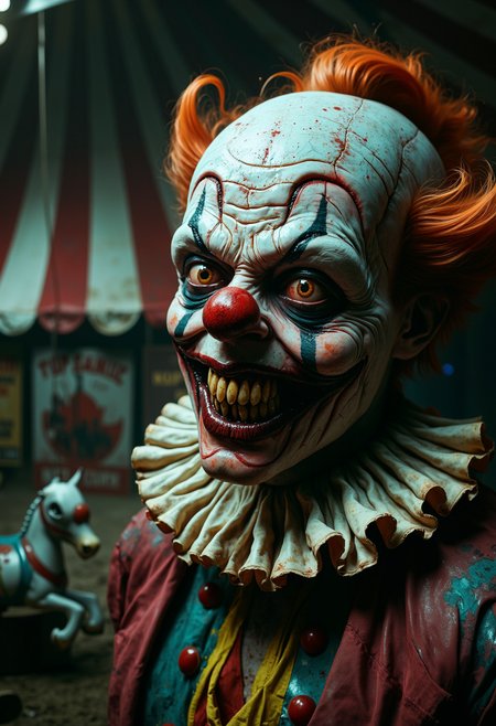 A menacing clown looms in the foreground of a dimly lit circus tent, his grotesque visage dominating the frame. His pale, cracked makeup clings to weathered skin, revealing the ravages of time and malevolence beneath. Deep creases etch themselves into his forehead and around his sunken eyes, which gleam with a predatory hunger. The clown's nose, once a cheerful red bulb, now appears mottled and discolored, like decaying flesh. His lips, stretched into an unnatural snarl, reveal rows of oversized, yellowed teeth, each one jagged and razor-sharp. Saliva glistens on these monstrous fangs, hinting at an insatiable appetite for terror. The clown's traditional bright costume has faded to muted, sinister hues. His ruffled collar, once pristine white, is now stained with unspeakable dark splotches. Tattered remnants of colorful fabric hang from his shoulders, swaying gently in an unfelt breeze. In the background, the circus tent's striped patterns twist and distort, creating an unsettling, almost hallucinatory effect. Shadows writhe at the edges of the scene, suggesting unseen horrors lurking just out of sight. The ambient lighting is harsh and uneven, casting stark shadows across the clown's features and accentuating every horrifying detail. Flecks of glitter catch the light, a perverse reminder of the circus's former gaiety now twisted into something nightmarish. The clown's hair, a tangled mess of faded green and matted orange, juts out at odd angles from beneath a warped and stained hat. His eyes, bloodshot and wild, seem to follow the viewer no matter where they look. Hyper-realistic textures bring every grotesque element to life: the coarse stubble pushing through the clown's makeup, the oily sheen of sweat on his brow, the cracked and peeling paint on his cheeks. In one gloved hand, he clutches a deflated balloon animal, its rubber skin wrinkled and punctured. The other hand, partially obscured, hints at something sharp and metallic. The surrounding circus environment is a study in decay and abandonment. Tattered posters curl at the edges, their cheery slogans now seeming like cruel mockeries. A broken carousel horse lies toppled in the background, its once-bright paint chipped and faded. The sawdust-covered ground is littered with discarded tickets and crushed popcorn containers, silent testaments to long-departed audiences. This nightmarish scene captures the essence of corrupted innocence and the dark underbelly of what was once a place of joy and wonder. The hyper-realistic style brings every horrifying detail into sharp focus, creating an image that is both captivating and deeply unsettling.