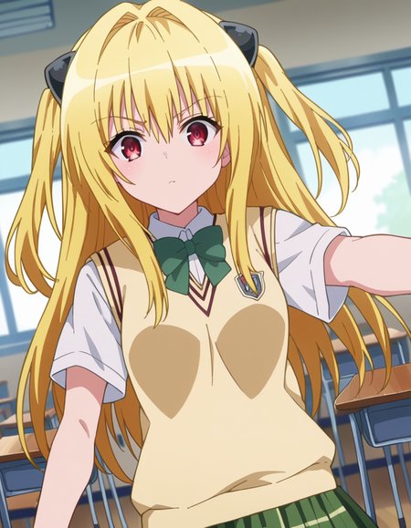 score_9, score_8_up, score_7_up, source_anime,
toloveruyami, <lora:golden-darkness-ponyxl-lora-nochekaiser:1>,
yami, yellow hair, long hair, red eyes, hair ornament, two side up,
school uniform, shirt, white shirt, bow, green bow, skirt, green skirt, pleated skirt, short skirt, sweater, light brown sweater vest, short sleeves,
indoors, classroom,
looking at viewer, cowboy shot, dutch angle, dynamic pose,