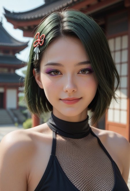score_9_up, score_8_up, score_7_up, score_6_up, 1girl, 25 years old, perfect face, (adult), sexy, 
detailed face, blush, shy smile, portrait, face focus, depth of field, looking at viewer, close up,
(purple makeup), 
green hair, short hair, hair ornament, 
bare shoulders, clothing cutout, black fishnet top, black halterneck, ninja, 
east asian architecture, architecture