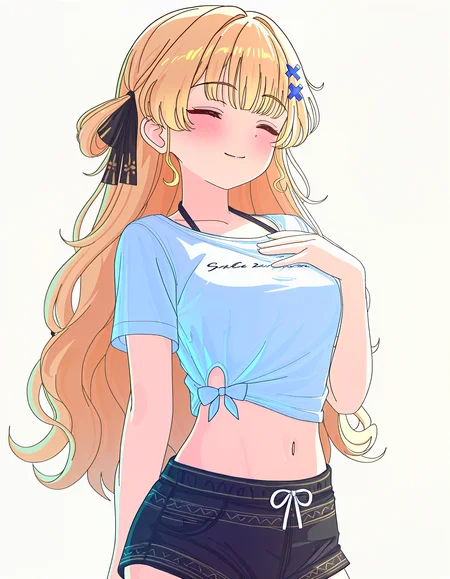 (masterpiece, best quality, newest, very aesthetic, highres, absurdres:1.2), simple background, white background, <lora:Pongdlr:0.7> pongdstyle , BREAK
1girl, solo, <lora:PhoebeV1:0.85> phoebe, long hair, blonde hair, hair ribbon, x hair ornament, cowboy shot, upper body, (closed eyes:1.1), smile,  <lora:GazeOnMeILV1.0:0.75> gazeblack, white tied midriff, black shorts, black bikini, bikini under clothes, hand on own chest, 
<lora:noobai_vpred_1_masterpieces_v23:0.85>