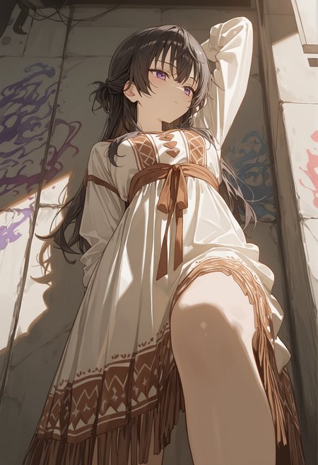 perfect quality,high quality,masterpiece,best quality,amazing quality,very aesthetic,Cinematic Lighting,newest,Tactical use of shadow,
from_below,perspective,looking_away,Stern look,
YukiSuou Cyql,1girl,solo,long hair,bangs,black hair,purple eyes,
convenient_leg,arm_behind_head,
bohemian style, flowing dresses, layered clothing, earthy colors, fringe accessories, ethnic prints, natural fabrics, artistic designs,
Graffiti art, Street art, vibrant, urban, detailed, tag, mural,,
<lora:ponyv4_noob1_2_adamW:0.5>,<lora:spo_sdxl_10ep_4k-data_lora_webui:0.6>,<lora:USNR STYLE_XL_lokr:0.45>,<lora:illustrious_all_rated_v1:0.6>,<lora:HG2512 by CYQL:0.4>,HG2512,<lora:YukiSuou_Illustrious by Cyql:0.9>,