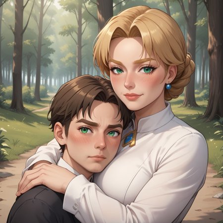 masterpiece, best quality, score_9, break. Pavursula, (((1boy, pavel, blonde hair, blonde eyebrows, blue eyes, blush, yellow clothing, black pants, black shoes, adult male, mature male))), break, (((1girl, ursula, brown hair, brown eyebrows, green eyes, blush, white clothing, black pants, black shoes, adult female, mature female))), hug, forest, natural lighting