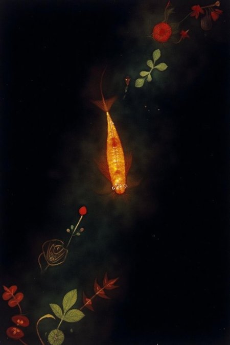 paulklee1 painting.
An underwater scene with a glowing fish swimming in a dark sea. There are water plants scattered around.
 <lora:paulklee1_cap_d8a4e6:1.0><lora:838879848463242753:0>