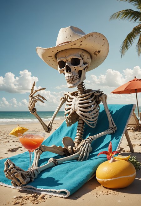 tilt-shift shotCowboy shot <lora:DetailMaximizer:1>
A sun-bleached skeleton, complete with a tilted ((cowboy hat)) perched atop its skull, sits on a vibrant beach towel. Bony fingers curled in a relaxed 'V' gesture. In his other hand, they casually hold a tropical cocktail with a tiny umbrella. All around him is an empty beach. Humor, (beach vibes), sunny, clear blue sky, by Alberto Seveso., (masterpiece, award winning artwork) many details, extreme detailed, full of details, Wide range of colors, high Dynamic <lora:add-detail-xl:1> <lora:WildcardX-XL-Detail-Enhancer:0.9> <lora:SDXLFaeTastic2400:0.085> <lora:MJ52:0.185> <lora:sinfully_stylish_SDKL:0.11> <lora:casting shadow style v2:0.1> <lora:CinematicStyle_v1:0.42> casting shadow style, cucoloris patterned illumination