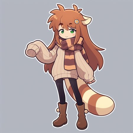 score_9, score_8_up, score_7_up, score_6_up, score_5_up, score_4_up, gretafurret, striped scarf, ribbed sweater, black pantyhose, brown boots, sleeves past fingers, sweater dress, tail, animal ears, long hair, brown hair, standing, looking at viewer, dynamic pose, white outline, simple background