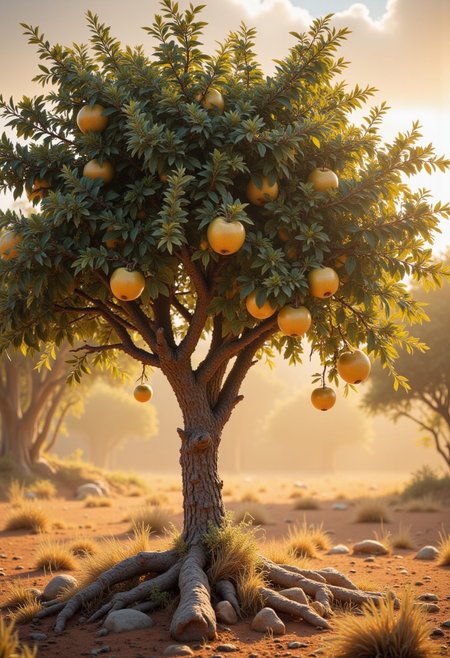 single tree in a dry savannah, tree with green leaves and sparkling small golden apples, sun, bokeh, sun rays
best quality, ultra-detailed, very aesthetic, illustration, perfect composition, intricate details,  atmospheric lighting, streaks of light
Masterpiece, vibrant colors, very detailed, midjourneyv6.1, detail background, detailed, focus on apple, sparkling effect, sparkling,