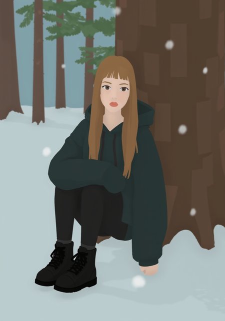 g00se art with smooth textureless style with muted pastel palette of, A young woman with long, straight blonde and brown hair styled in emo fashion sits against a tree in a snowy forest, her dark eyeliner and somber expression contrasting with the gentle snowfall, as she wears an oversized black hoodie, black skinny jeans, and black high-top boots.<lora:g00se.safetensors:1.1:1.1>
