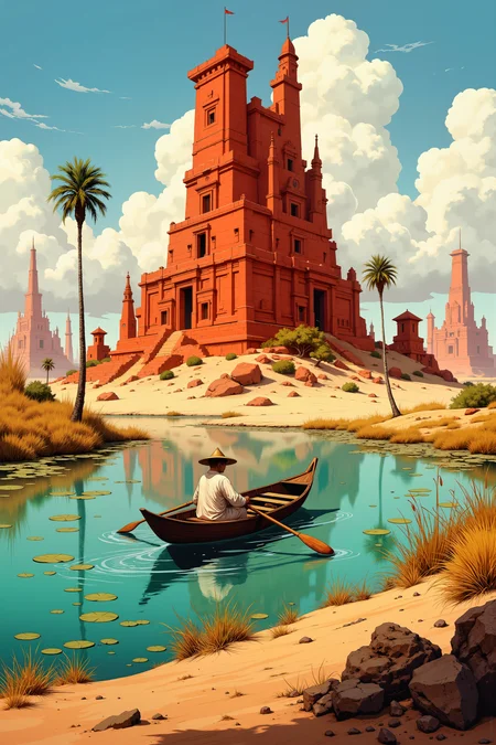 a surreal and dramatic desert landscape. The focal point is a towering, ancient-looking structure with a pyramid shape, bathed in warm hues of red and orange, set against a backdrop of a partly cloudy sky. The structure has multiple levels and intricate architectural details, including balconies and platforms, suggesting it might be a temple or a fortress. Palm trees and sparse vegetation dot the landscape, adding to the exotic and arid feel.In the foreground, a small, traditional wooden boat with a single person rowing is seen. The person, dressed in a simple, light-colored garment with a broad-brimmed hat, is focused on navigating the boat through a calm, reflective lake. The water is a mix of turquoise and teal, with lily pads and reeds surrounding it. The ground is covered in dry grasses and small rocks, creating a textured, rugged terrain.The overall composition of the painting is dynamic, with the boat's movement leading the viewer's eye towards the imposing structure in the background. The style is reminiscent of modern digital art, with a blend of realism and fantasy elements. <lora:Dorota_Pietrowiak:0.3> Portrait by Dorota Pietrowiak <lora:Comic book V2:0.8> High-contrast illustration