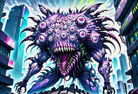 a fleshmutant creature comprised of numerous eyes and mouths climbs a skyscraper in a cyberpunk city