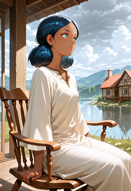 IllusP0s, masterpiece, best quality, amazing quality, very aesthetic, absurdres, newest, (detailed eyes:1.4),((ultra detailed hair:1.4)),((Dynamic Angle))
BREAK
1girl, solo, L4l4h_Sun3,Adult women,<lora:Lalah_Sune_-_100percent_-_manga02:1>, Bun Hair, green eyes, ((Dark blue hair)), Brown Skin.bindi
c_clot,Casual wear
BREAK
Small wooden European house, rocking chair, sitting, girl looking into the distance, porch, outdoors, vast lake view, lake that continues on forever, cloudy sky, angel's staircase, drizzling rain, from the side