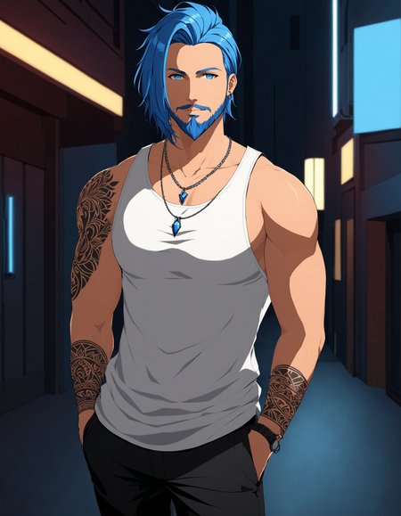 1boy, Aeron X'voor, slsxl style, solo, looking at viewer, blue eyes, shirt, jewelry, blue hair, jacket, white shirt, male focus, open clothes, pants, necklace, off shoulder, open jacket, tattoo, facial hair, tank top, beard, hands in pockets, stubble, cinematic lighting, cinematic angle, masterpiece, best quality , <lora:SL_SDXLv1:0.5>