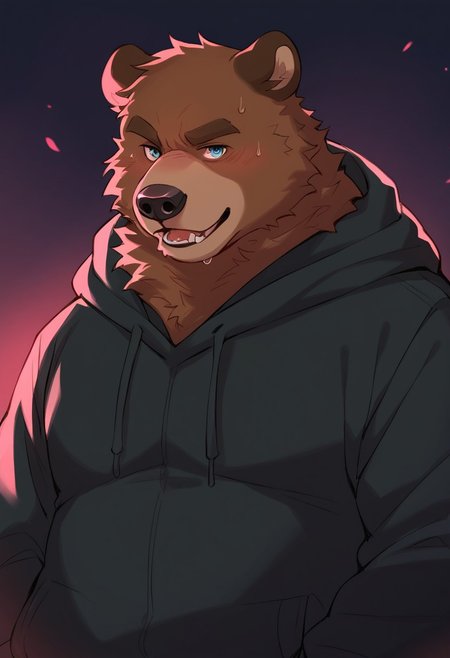 hoggan,furry,anthro,male,bear,brown fur, hooded garment,dark background BREAK score_9_up,score_8_up,score_7_up,score_6_up,score_5_up,score_4_up,normal quality,