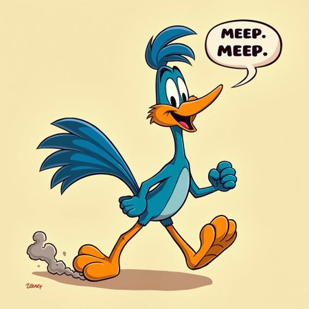 ROAD RUNNER, cartoon, looney tunes, runnig, smoke trail behind road runner, text saying: meep meep, cartoon style,