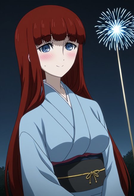 rating_safe, Ultra-high-detailed Anime illustration of Kagari Shiina from Anime Steins;Gate 0. 
The artwork features Kagari in a solo, standing position with a outdoors, flield, and night background. night time. night.
She is depicted with intricate details showcasing her large breasts, natural_breasts. She is a white skinned, 22 years old woman. Kagari is looking_at_viewer with perfect_eyes, Her pupils are highly detailed. The eyes are open. blue eyes. Kagari's eyes are highlighted. Highlighted eyevrows. 
She has long hair, red colored hair, styled in blunt bangs and floating hair.
She is wearing a blue kimono and black shoes. japanese kimono, kimono.
The artistic style is intricate_details_xl with a focus on Anime art. The color palette emphasizes red and black with detailed strokes to bring out the character's features. The lighting creates dramatic shadows and highlights, adding depth to the artwork. The perspective is from a face focus, dutch angle to enhance the impact of the character's expression. This masterpiece is a true portrayal of Kagari's complex personality and will captivate any fan of Kagari. uncensored, upper body, blushing, smile, Kagari Shiina,
perfecteyes,
<lora:Steins_Gate:1>
kimono
happy new year!, Happy New Year fireworks, Happy New Years