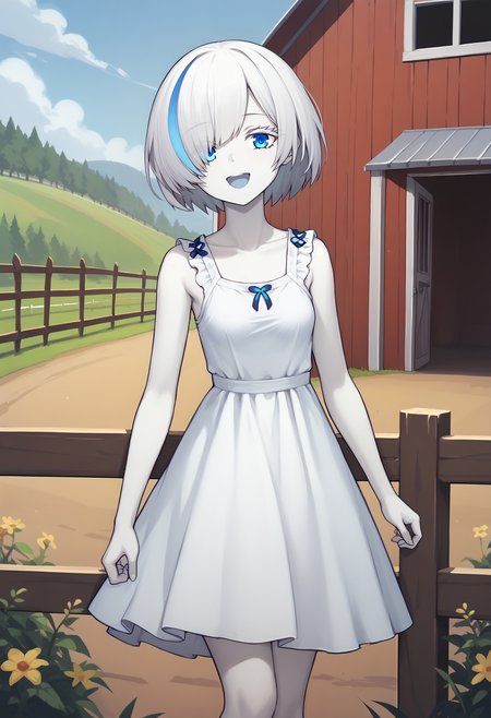 score_9, score_7_up, BREAK, smile, open mouth, sundress, sleeveless, outdoors, farm, 
<lora:tbazurlanev2:1>, white skin, blue eyes, multicolored hair, streaked hair, colored eyelashes, tbtypea, short hair, hair over one eye, small breasts