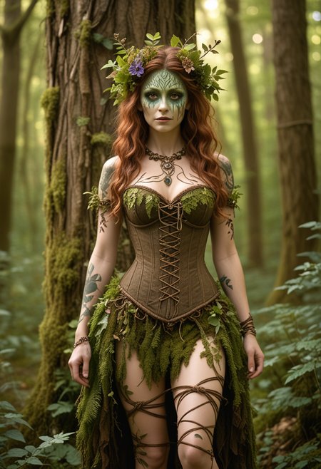 (medium full shot) of (serene dryad) forest spirit, adorned in bark brown vine corset, moss skirt, leaf sandals, nature-themed face paint, gemstone necklace, set in  a hidden grove, with thick underbrush, the scent of flowers, a sense of discovery, dappled light, at dawn, Masterpiece,best quality, photo, realistic, very aesthetic, detailed face,