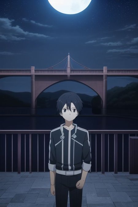 high resolution, professional photography, best quality, 1Boy, Kazuto Kirigaya, Black Hair, Black Eyes, depth of field, bright moon, fantastic night, stary sky, dreamlike, midle of bridge,
