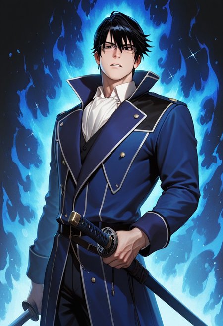 masterpiece, best quality, amazing quality, absurdres, newest, detailed background, definition so sharp, Ultra-HD, 8K cinematic, very awa, impressionate, amazing quality, highres, 
solo, male focus, manly, mature male, bara, cool coloring, aesthetic,
reishimunakata, reishi_black hair, reishi_black eyes, 1boy, short hair, glasses, blue coat, white collared shirt, ascot,
parted lips, serious face, charming, sparkle, looking at viewer, holding sword, sword on front face, standing, (blue aura:1.2)