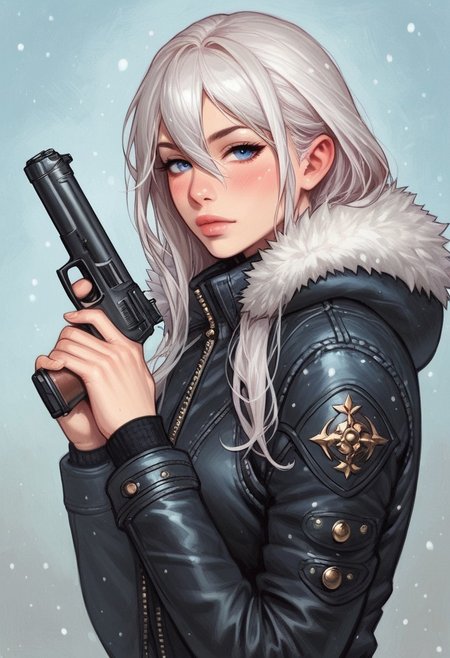 (((side view)))
1 girl, portrait, winter jacket with fur hood, long hair, winter, snowfall, 1girl solo, white hair, looking at viewer, bangs, day, blue sky, hair between eyes, outdoors, blush dramatic lights, relax,
(((full-clothed))), (big handgun, big pistol in hands:1.5),
BREAK 
(outdoor background:1.9) score_9, score_8_up, score_7_up, score_6_up, source_cartoon, rating_explicit, Expressiveh, (((((upper body))))), dynamic pose