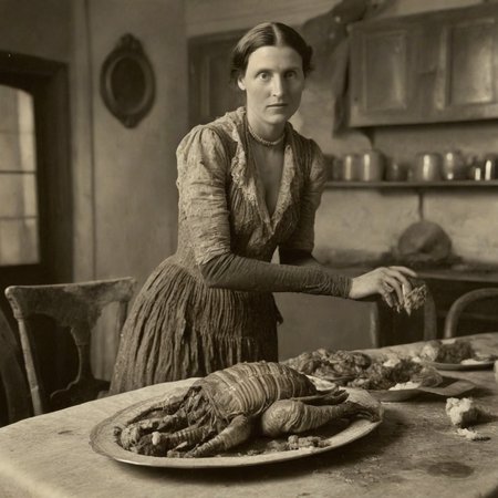 daguerreotype of circa 1850 woman, putting a platter of roasted alien turkey trilobites on a dirty dining table, in old kitchen, wearing a cotton revealing sexy dirty old ripped dress made of cotton, detailed face, monsters, intricate detail