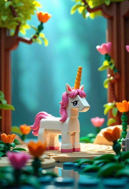 lego scenery of a unicorn in a magical forrest