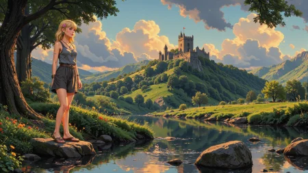 razor cut medium blonde hair young woman, druid, anime, illustration, extremely detailed, portrait, standing, happy smile, flower in hair, glossy lipstick, celtic necklace, line earrings, loincloth, sandals,  Steel Gray druid short dress, legs, sharp focus, fantasy, celtic landscape, small rock, moss, ripples, reflections, celtic  castle, small river pond, druid forest, druid village, stunning nature environment, enchanted land, clovers, Bright Gun Smoke Gray flowers, best quality, colorful, wet floor, bright sunny sky, sunset, raytracing, hdr, high contrast, ethereal natural lights, backlight, lens flare, shadows, vibrant colors, colorful, pretty, beautiful, happy, smiling, feminine, sexy, lovely, in love, adorable, fashion,  <lora:Hand v2:1> <lora:Anti-Blur:1><lora:Insane Detail Slider:0.5>  <lora:flux.1_lora_flyway_Epic-detail_v2:0.3><lora:fluxenhancer:0.5> <lora:RetroAnimeFluxV1:0.4> <lora:Luminous_Shadowscape:0.4> <lora:SujatmikoArafuru_Flux:0.2> Suzume style