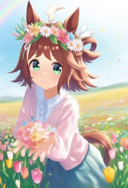 (umamusume, rhein_kraft_(umamusume), horse_ears, horse_girl, tail, 1girl, ahoge, animal_ears,)
casual, field, flower, flower_field, green_eyes, hair_between_eyes, hair_ornament, 
head_wreath, looking_at_viewer,  solo, aesthetic, absurdres, symmetric ,spiralling vortex made of multicoloured tulips, lush foliage sunrise,  ripples, reflective, jaynl-tm, rainbow, , g0ldsw0rthy,
(realistic, photo,  artistic, medium_hair, one_eye_closed, petals, relaxing, smile,  : 0.7)