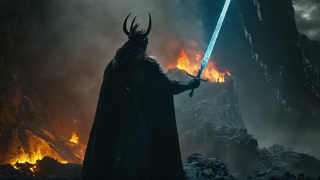 cinematic film still of  <lora:Unreal Engine style:0.3>
 <lora:detailed:0.3>
<lora:perfection style:0.3>
 <lora:Chiaroscuro Lighting Style:0.1> Chiaroscuro Lighting Style
 <lora:The Lord of the Rings style v2:0.8>
In a Fantasy Middle-earth world in the dark ages Balrog powerful demonic monster  staring at a man with a glowing staff and a magic sword standing in front of a big fire in hell,long hair,holding,blue hair,standing,weapon,from behind,glowing,fire,staff,monster,robe,holding staff,dragon,magic , dramatic light, dramatic shadow light, film contrast, cinematic film color, cinematic film look, filmic, realistic, realism, perfection, perfect, movie still, fantasy drama, epic drama, fictional, Age of Wonders, Age of Empires, warriors,  Medieval style, middle ages, dungeons and dragons style, different people, different, unique, kingdoms and castles, violent, aggressive, detailed, perfection, detailed face, detailed body, detailed hands, detailed eyes, sharp, horror themed, dark themed, epic fantasy adventure film style, Legendary, mythical, The Lord of the Rings style, shallow depth of field, vignette, highly detailed, high budget, bokeh, cinemascope, moody, epic, gorgeous, film grain, grainy