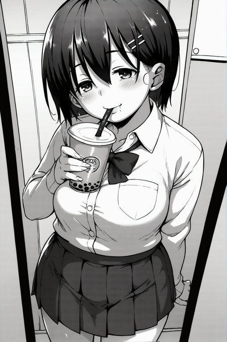score_9, score_8_up, score_7_up, monochrome, manga_source, best background, detailed background, manga, grayscale   Marumi, school uniform, skirt, horny, naughty face, dynamic angle, indoors,  cowboy shot, bubble tea, drinking, <lora:JN_Marumi:0.8>