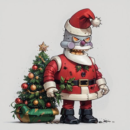 score_9, score_8_up, score_7_up, score_6_up, rating_safe,
r0b0t_s4nta_c1aus, solo, santa hat, santa_costume, pants,  christmas headwear, christmas clothing, solo, laughing manically, crushing present under foot,
simple background,