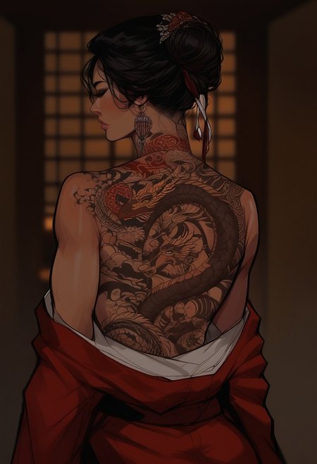 score_9, score_8_up, score_7_up, western cartoon, (((1girl, Asian,cheekbones, attractive woman,bare shoulders,seductive, Long Hair, Fine Hair, black hair, intricate hair style,))), in a Japanese bathhouse, inside, light skin, looking back, back tattoo, tattoo on back, tattoo extended to arms, upper body, hannya tattoo, back tattoo, view from behind, kimono, black and grey tattoo, dragon tattoo on back, dragon tattoo,