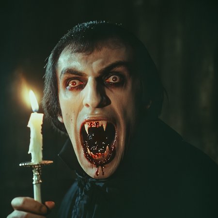 ArsMovieStill, movie still from a 1970s horror movie, The image is a close-up portrait of a vampire's face. The vampire has dark hair and red eyes and his mouth is open wide revealing sharp teeth. His teeth are covered in blood and he is holding a lit candle in his right hand. The background is dark making the vampire's features stand out. The overall mood of the image is eerie and menacing., candle, red eyes, 1boy, black hair, solo, male focus, teeth, realistic, open mouth, fire <lora:70sHorrorMovie2SDXL:1>