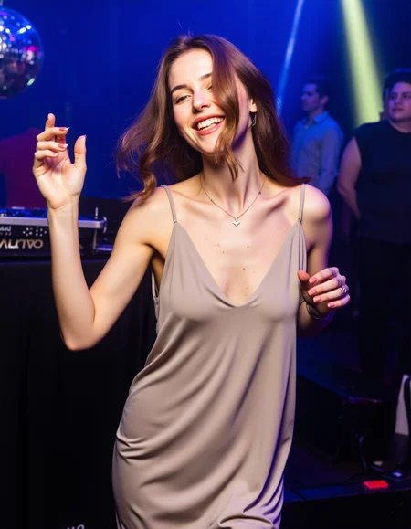 ultra detailed, ultra quality, ultra quality, a beautiful young woman in a champagne-colored slip dress, swaying to the last song of the night, bathed in the soft blue and purple hues of the clubâs closing lights. Her loose, tousled waves frame her face, catching the remnants of disco ball reflections as she smiles, lost in the moment. Captured in a nostalgic film-style medium shot with a Kodak Portra 400 effect, evoking a dreamy, sentimental mood as the night comes to an end <lora:lora:1> p4rt1gs