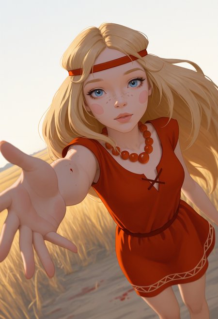 absurdres, high quality, masterpiece, very awa,  8k, absurd res,  <lora:Alyonushka:1> alyanushka, alyonka, 1girl, necklace, blue eyes, jewelry, long hair, solo, blonde hair, freckles, headband, bead necklace, beads, pearl necklace, blush stickers, lips, outdoors,  breast,   red dress,  <lora:sshfstyle_XL_PB:0.3> sshfstyle, bangs, looking at viewer, string, blood, outstretched arm, open hand, perspective, dynamic angle, dynamic pose