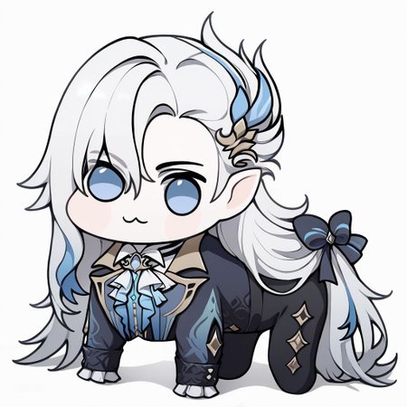 neuvillette, doro, creature, :3, chibi , long hair, 1boy, solo, male focus, white background, hair ornament, all fours, blue hair, white hair, multicolored hair, full body, ascot, pointy ears, simple background, looking at viewer, long sleeves, frilled sleeves, black pants, formal, pants, feather hair ornament, long hair, 1boy, feather hair ornament, four legs    zPDXL