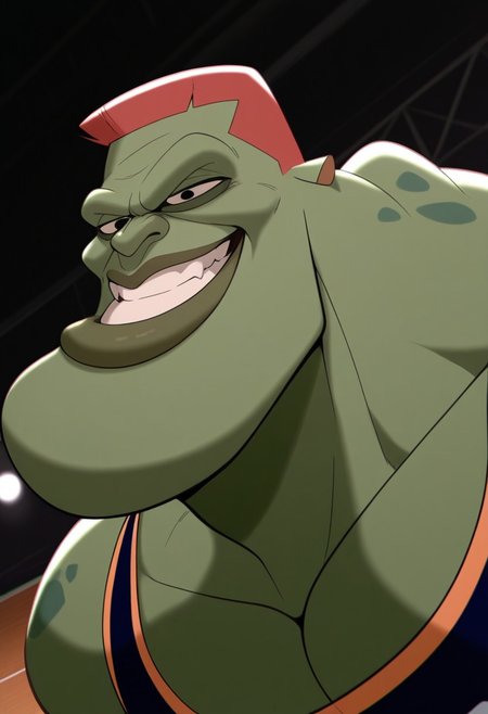 bang_(space jam), solo, grin, green skin, black eyes, muscular, dynamic angle, face focus, portrait, tank top, BREAK masterpiece, best quality, amazing quality, very aesthetic, high resolution, 4K, ultra-detailed, depth of field, separate focus, newest, detailed background, beautiful, cinematic lighting