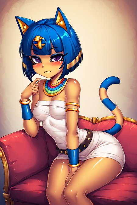 score_9, score_8_up, score_8, medium breasts, (curvy), cute, eyelashes,       BREAK, , BREAK, zzEgyptian, animal crossing, animal ears, zzAnkha, armlet, backlighting, bare shoulders, belt, blonde hair, blue hair, blunt bangs, blunt ends, bob cut, cat ears, cat girl, cat tail, closed mouth, cropped, daniel deng, dark skin, dress, eye of horus, eyelashes, eyes visible through hair, facial tattoo, humanization, purple eyes, shiny skin, short hair, slit pupils, tattoo, usekh collar, white dress , <lora:Egyptian_PDXL:0.8>,, ,,, hand between legs, blush, smug,  ,,,  smile, looking at viewer, blush, blurry, couch, sitting,   ,,, <lora:HaseYu_PDXL:0.8>, ,,,, BREAK,  smile, looking at viewer, cowboy shot,  embedding:zPDXL, Expressiveh, <lora:SDXLFaeTastic2400:0.5>,  <lora:Expressive_H-000001:0.4>,