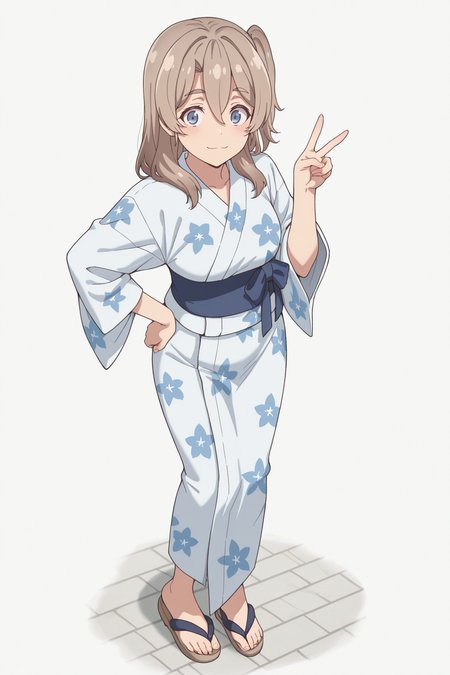 masterpiece, best quality, amazing quality, 1girl, s41t0um1n0, brown hair, long hair, blue eyes, one side up, hair between eyes, thick eyebrows, yukata, flowers print yukata, sandals, v, hand on own hip, aesthetic, white_background, full_body, standing