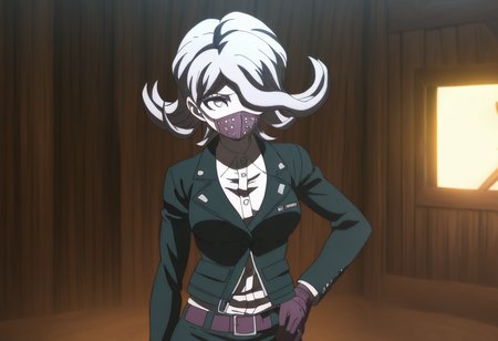 (((solo))), masterpiece, best quality, modern, modern anime, danganronpa_(series),<lora:Seiko_Kimura_Illustrious:1>, In the art style of Rui Komatsuzaki, artist: Rui Komatsuzaki, This anime screencap is from Danganronpa the Animation. . Seiko Kimura is wearing her future arc uniform. Seiko Kimura is a short woman with purple eyes and a sickly complexion. She has pale grey hair and a respirator mask covering her mouth. She wears a dark-colored jacket that's half open and connected in the middle. She has a small Future Foundation ID pinned to the lapel of her jacket. Under the jacket is a white dress shirt a dark pencil skirt held by a purple belt long black stockings and purple Mary Janes. She wears purple gloves with a single white stripe in the middle.  During a sunny summer day in the Italian countryside, a person always looks at the viewer, a dreamy, nostalgic quality, The sun's rays filter through the trees, casting a warm glow over the entire scene, well lit, realistic scene lighting
