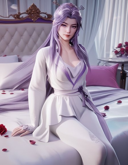 <lora:ponyyunxiao1-000009:1>,score_9,score_8,score_7_up,yunxiao,3d,sitting,looking at viewer,purple hair,white dress,Rose petal,on bed,