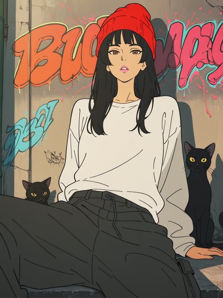 masterpiece,best quality,amazing quality,looking at viewer,
1girl,kaju nukumizu, solo, portrait,long hair, black hair, blunt bangs,brown eyes, beautful eyes, pink lips, parted lips,white t-shirt, (long sleeves:1.3),red beanie, cargo pants,black pants, wide pants,leaning back, against wall,
facing viewer, front view,sitting,looking at viewer,black cat,
graffiti, graffiti wall, sunlight, dappled sunlight, colorful,
<lora:illustrious_saturation_slider_v2:0.5> <lora:Devilman_Babycry:1>D3v1lm4nB4b1cr1,flat color,(ligne claire:1.5, impressionism:1),